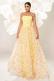 Yellow Strapless A Line Corset Tulle Long Formal Dress with Appliques