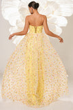 Yellow Strapless A Line Corset Tulle Long Formal Dress with Appliques