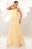 Yellow Strapless A Line Corset Tulle Long Formal Dress with Appliques