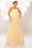 Yellow Strapless A Line Corset Tulle Long Formal Dress with Appliques