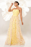 Yellow Strapless A Line Corset Tulle Long Formal Dress with Appliques