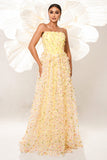 Yellow Strapless A Line Corset Tulle Long Formal Dress with Appliques