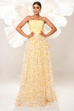 Yellow Strapless A Line Corset Tulle Long Formal Dress with Appliques