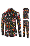 Black Notched Lapel Snowmen Printed Christmas Slim Fitted Men Suits