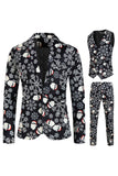 Black Christmas Snowflake Printed 3 Pieces Men's Suits