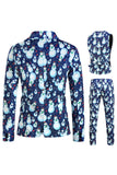 Light Blue 3-Pieces Snowman Printed Men's Christmas Party Suits