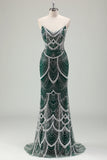 Glitter Dark Green Mermaid Strapless Sequins Long Corset Formal Dress with Beading