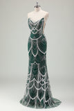 Glitter Dark Green Mermaid Strapless Sequins Long Corset Formal Dress with Beading