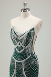 Glitter Dark Green Mermaid Strapless Sequins Long Corset Formal Dress with Beading