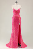 Sparkly Fuchsia Mermaid Strapless Long Formal Dress with Slit