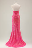 Sparkly Fuchsia Mermaid Strapless Long Formal Dress with Slit