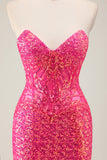 Sparkly Fuchsia Mermaid Strapless Long Formal Dress with Slit