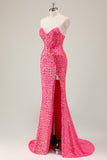 Sparkly Fuchsia Mermaid Strapless Long Formal Dress with Slit