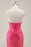 Sparkly Fuchsia Mermaid Strapless Long Formal Dress with Slit