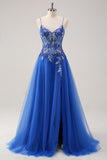 Royal Blue A Line Spaghetti Straps Corset Tulle Formal Dress With Embroidery