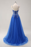 Royal Blue A Line Spaghetti Straps Corset Tulle Formal Dress With Embroidery