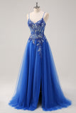 Royal Blue A Line Spaghetti Straps Corset Tulle Formal Dress With Embroidery