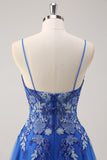 Royal Blue A Line Spaghetti Straps Corset Tulle Formal Dress With Embroidery