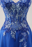 Royal Blue A Line Spaghetti Straps Corset Tulle Formal Dress With Embroidery