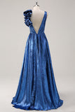 Royal Blue A Line Deep V-Neck Metallic Formal Dress with Flowers