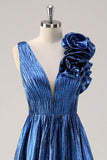 Royal Blue A Line Deep V-Neck Metallic Formal Dress with Flowers