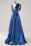 Royal Blue A Line Deep V-Neck Metallic Formal Dress with Flowers