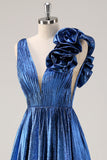 Royal Blue A Line Deep V-Neck Metallic Formal Dress with Flowers