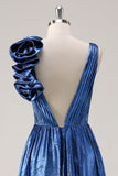 Royal Blue A Line Deep V-Neck Metallic Formal Dress with Flowers