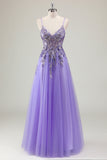 Purple A Line Spaghetti Straps Sequin Tulle Formal Dress with Appliques