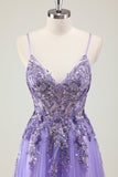 Purple A Line Spaghetti Straps Sequin Tulle Formal Dress with Appliques