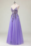 Purple A Line Spaghetti Straps Sequin Tulle Formal Dress with Appliques