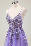 Purple A Line Spaghetti Straps Sequin Tulle Formal Dress with Appliques