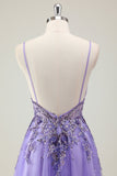 Purple A Line Spaghetti Straps Sequin Tulle Formal Dress with Appliques