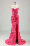 Sparkly Fuchsia Mermaid Strapless Corset Sequins Long Formal Dress with Slit