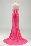 Sparkly Fuchsia Mermaid Strapless Corset Sequins Long Formal Dress with Slit