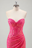 Sparkly Fuchsia Mermaid Strapless Corset Sequins Long Formal Dress with Slit