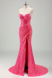 Sparkly Fuchsia Mermaid Strapless Corset Sequins Long Formal Dress with Slit