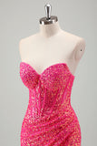 Sparkly Fuchsia Mermaid Strapless Corset Sequins Long Formal Dress with Slit