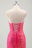 Sparkly Fuchsia Mermaid Strapless Corset Sequins Long Formal Dress with Slit