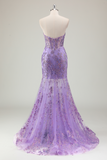 Purple Mermaid Corset Strapless Long Formal Dress with Appliques