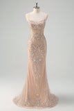 Sparkly Champagne Mermaid Spaghetti Straps Corset Long Formal Dress