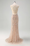 Sparkly Champagne Mermaid Spaghetti Straps Corset Long Formal Dress