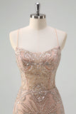 Sparkly Champagne Mermaid Spaghetti Straps Corset Long Formal Dress