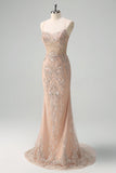 Sparkly Champagne Mermaid Spaghetti Straps Corset Long Formal Dress