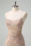 Sparkly Champagne Mermaid Spaghetti Straps Corset Long Formal Dress