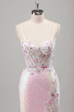 Sparkly Pink Mermaid Spaghetti Straps Corset Flowers Sequins Long Formal Dress with Slit