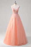 Sparkly Peach A-Line Corset Floral Tulle Long Formal Dress with Beaded