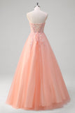 Sparkly Peach A-Line Corset Floral Tulle Long Formal Dress with Beaded