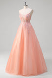 Sparkly Peach A-Line Corset Floral Tulle Long Formal Dress with Beaded