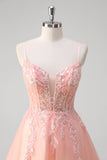 Sparkly Peach A-Line Corset Floral Tulle Long Formal Dress with Beaded